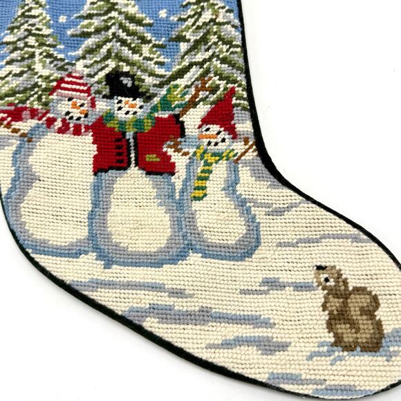 Lands End Wool Needlepoint Stocking Snowman Christmas Trees 20 Inch Snowmen - Picture 4 of 6